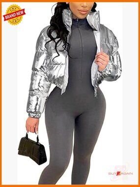 Shiny Cropped Puffer Jacket Long Sleeve Stand Neck Winter Down Coat